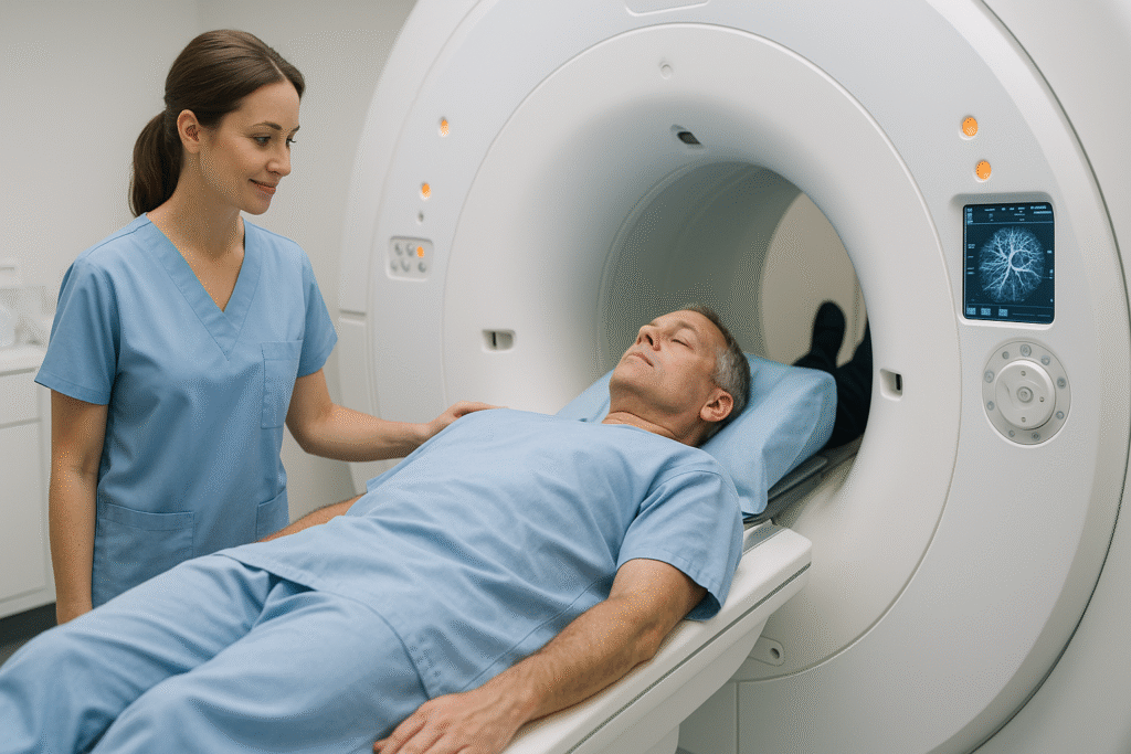 A hospital staff member assists a patient during an MRI scan, highlighting how AI technology in hospitals improves scan speed and image quality.