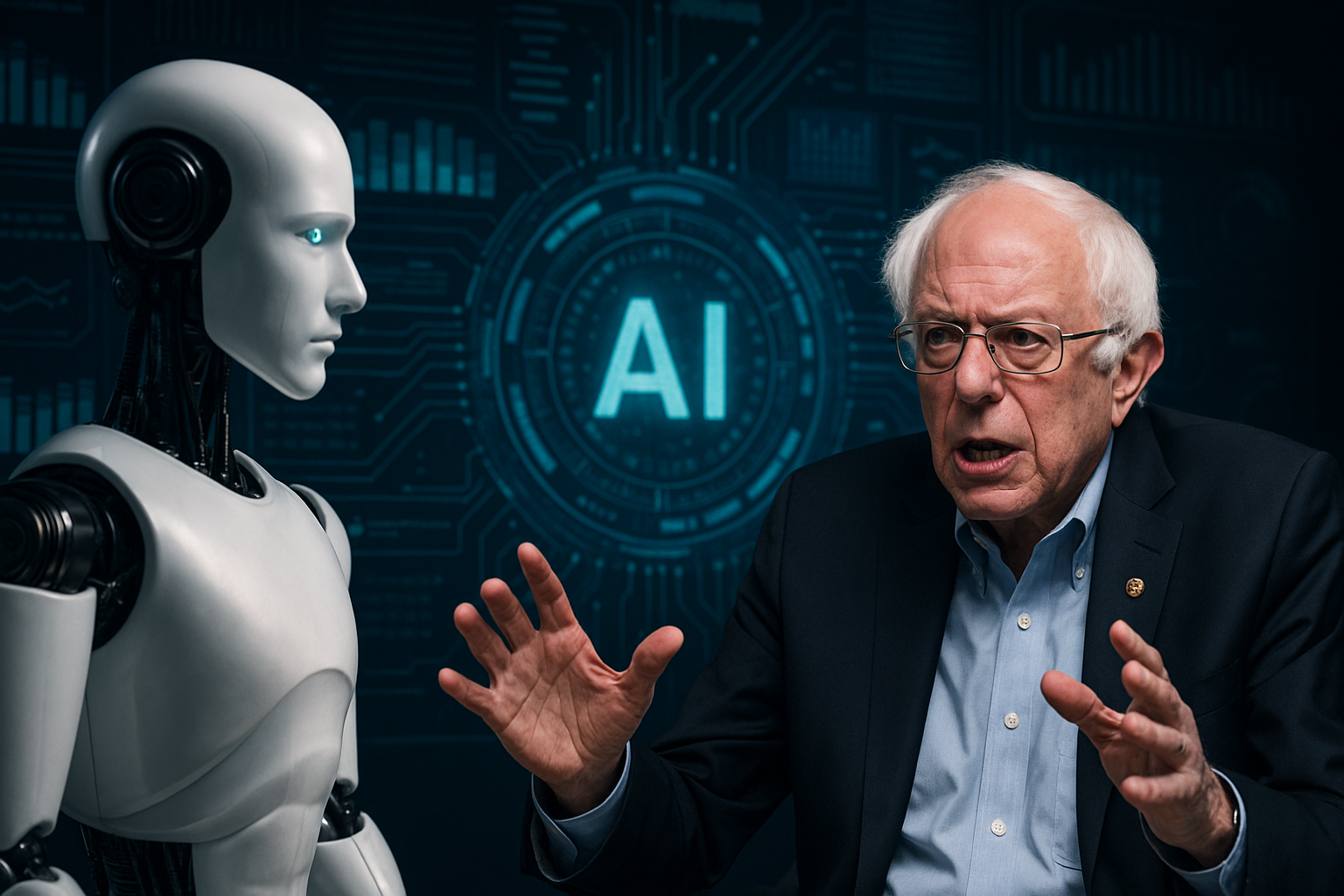 Bernie Sanders passionately discusses the AI doomsday scenario with a humanoid robot, highlighting concerns over corporate AI control.