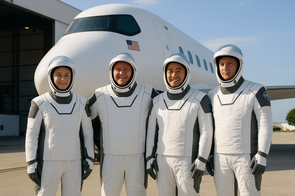 Crew-11 astronauts pose in front of the SpaceX spacecraft at Kennedy Space Center before their historic liftoff
