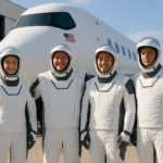 Crew-11 astronauts pose in front of the SpaceX spacecraft at Kennedy Space Center before their historic liftoff