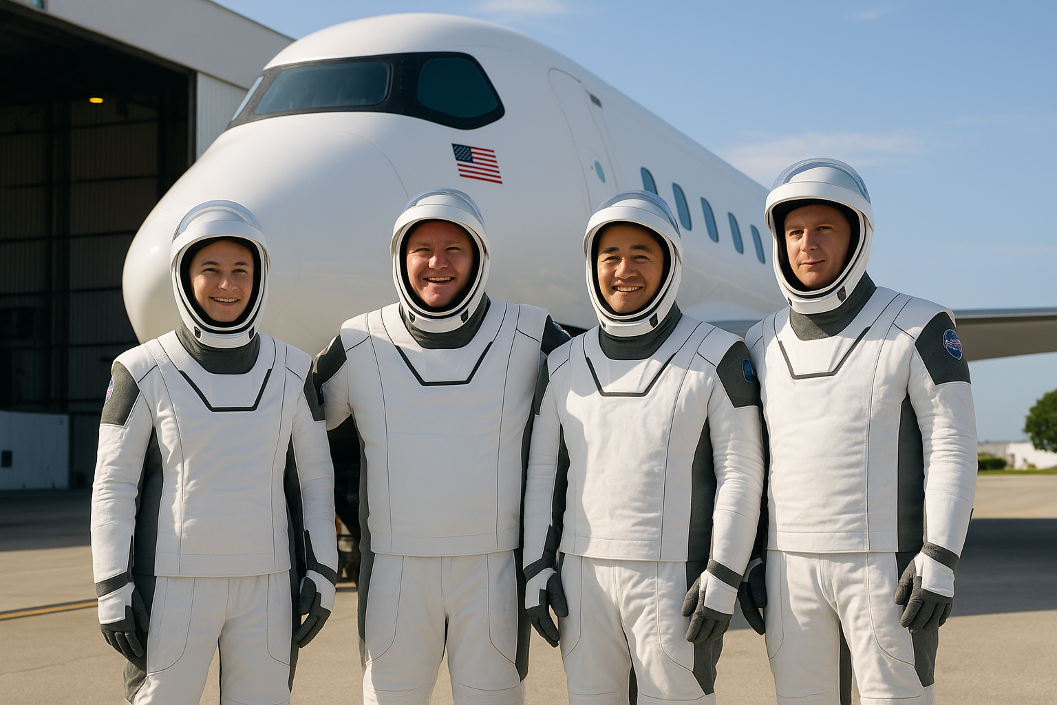 Crew-11 astronauts pose in front of the SpaceX spacecraft at Kennedy Space Center before their historic liftoff
