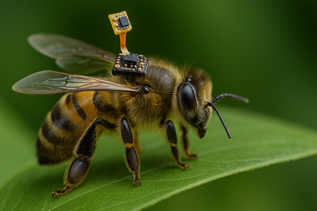 Close-up image of a cyborg bee equipped with the world’s lightest brain controller developed by Chinese scientists.