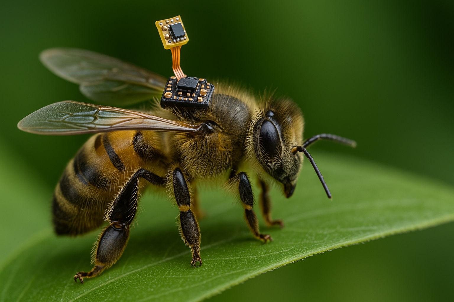 Close-up image of a cyborg bee equipped with the world’s lightest brain controller developed by Chinese scientists.