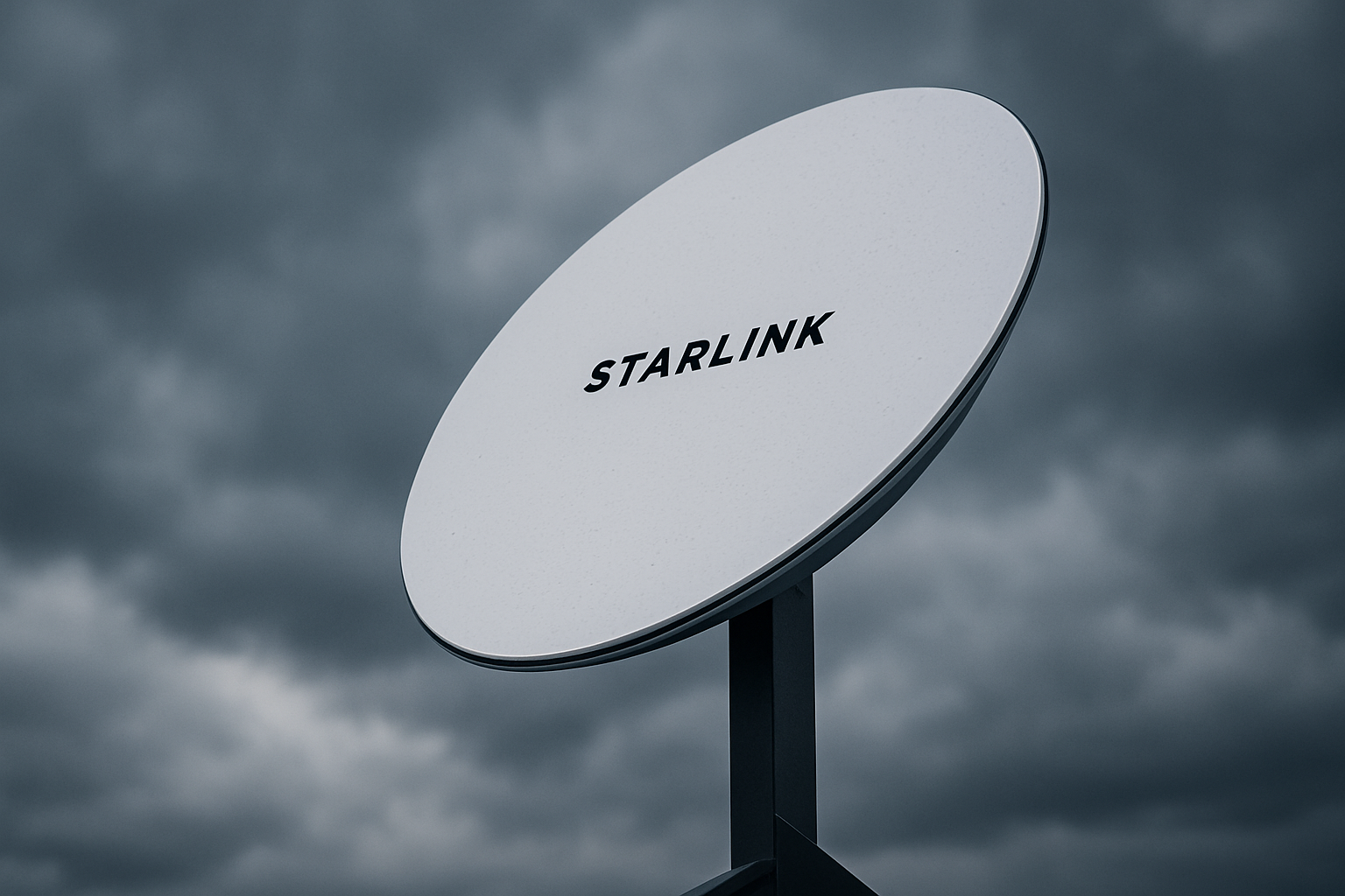 Starlink satellite dish under dark cloudy sky during global internet outage