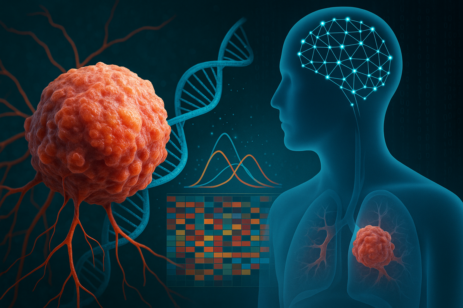 AI model simulating cancer with digital twin and DNA strand to predict cancer using genomics.