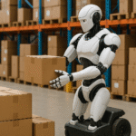 Autonomous warehouse robot lifting packages during warehouse robotics automation process