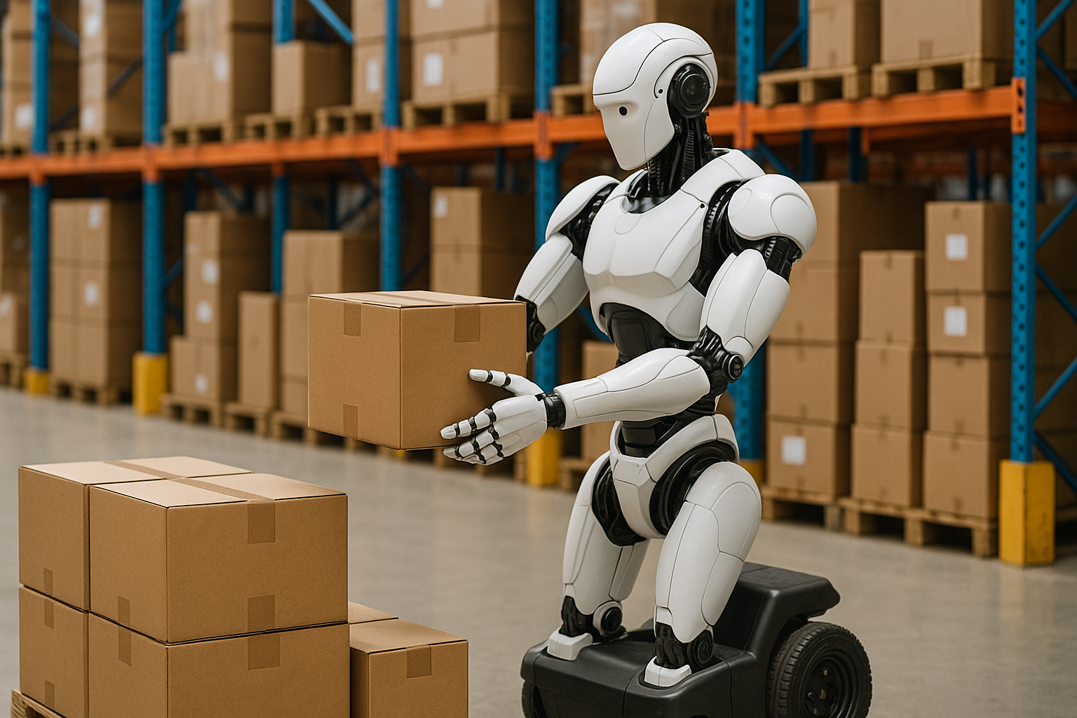 Autonomous warehouse robot lifting packages during warehouse robotics automation process