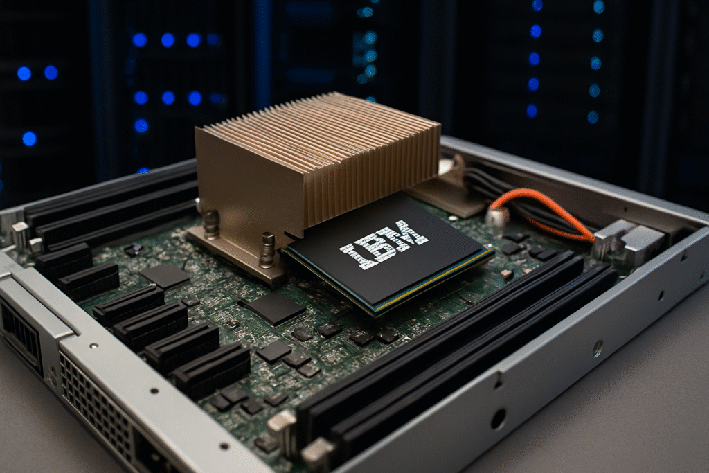 Close-up of IBM Power11 AI servers chip installed in a high-performance data center motherboard