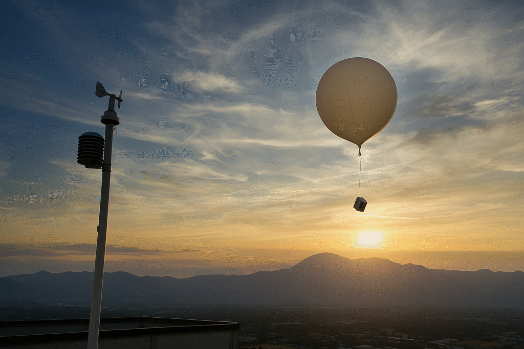 Helium weather balloon rising at sunset beside a weather station, symbolizing the future of weather prediction through advanced data collection.