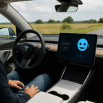 Interior of a Tesla car featuring a touchscreen display with Grok AI interface active, showcasing conversational AI integration.