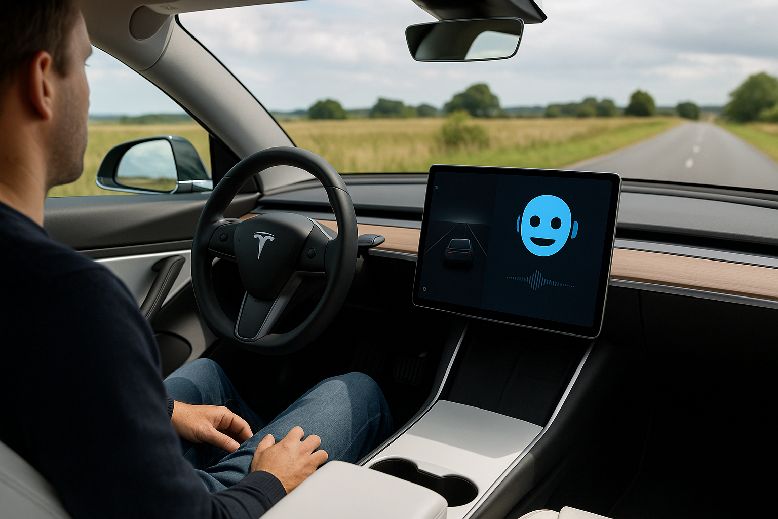 Interior of a Tesla car featuring a touchscreen display with Grok AI interface active, showcasing conversational AI integration.