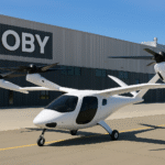 Joby eVTOL aircraft parked in front of a modern Joby Aviation production facility under clear blue skies.