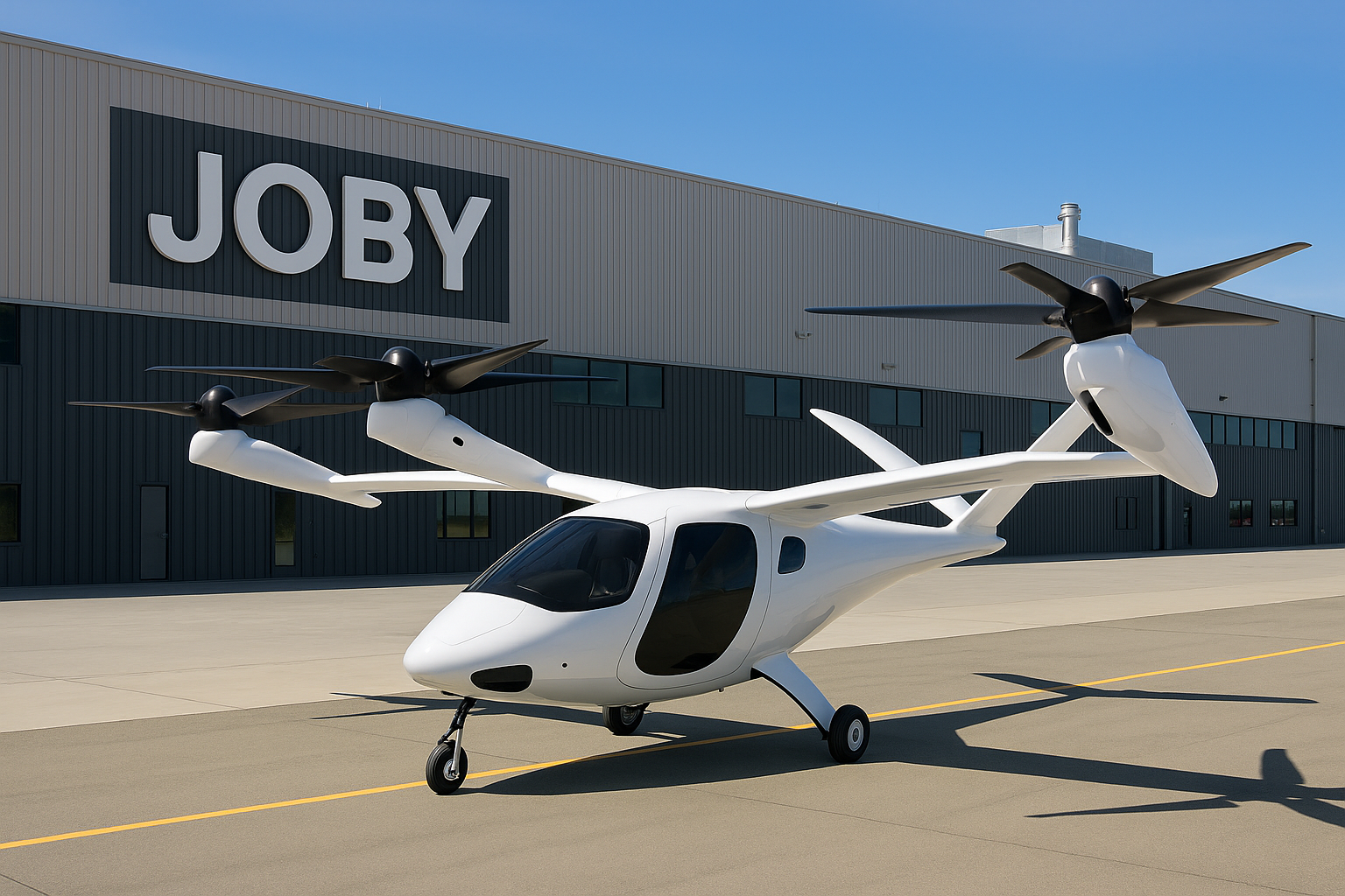 Joby eVTOL aircraft parked in front of a modern Joby Aviation production facility under clear blue skies.