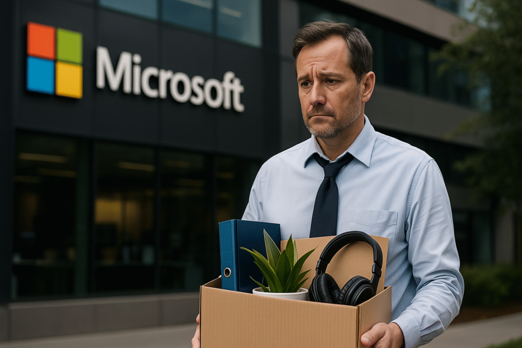 A worried man holding a box of personal belongings outside the Microsoft office after being impacted by Microsoft Layoffs 2025.