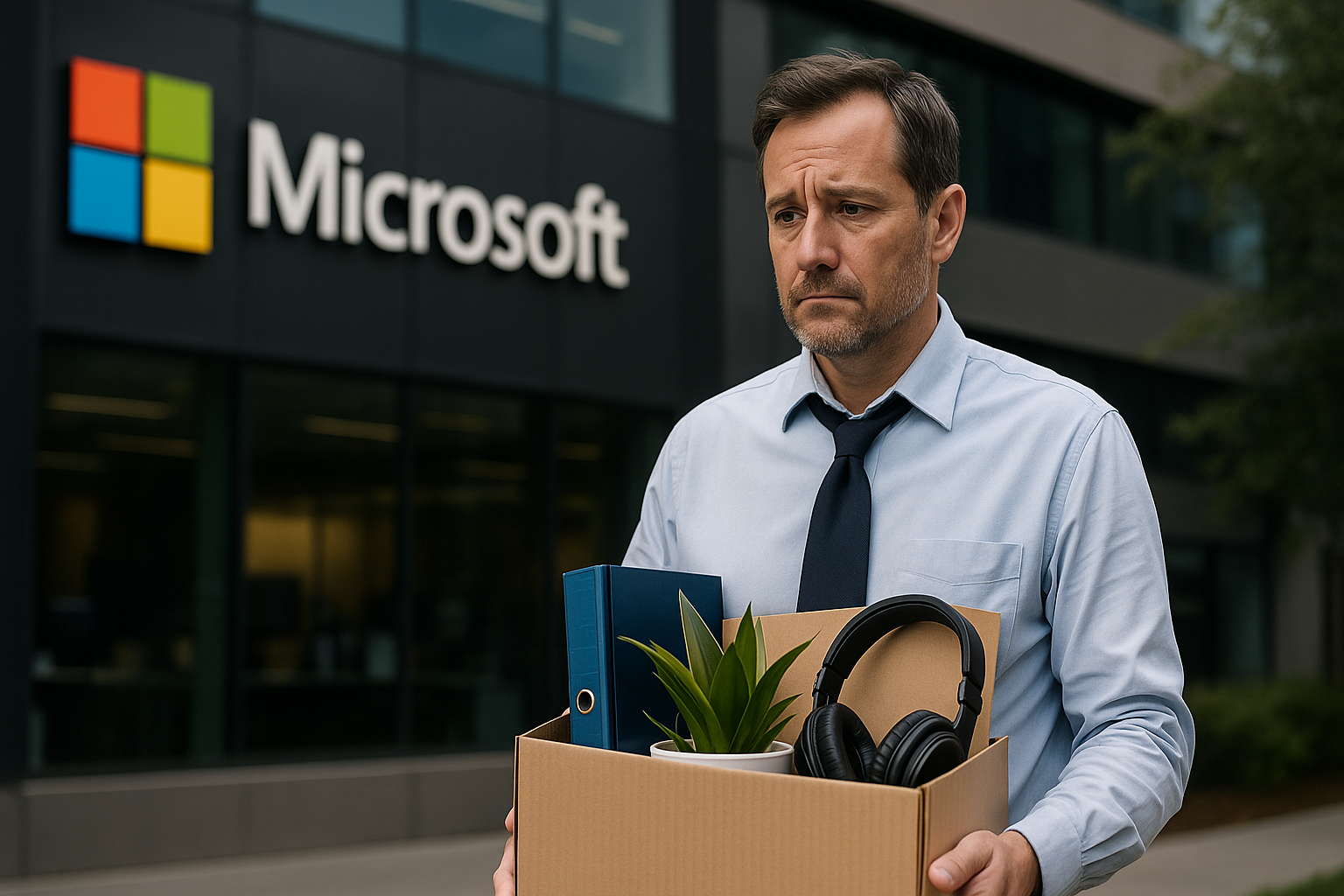 A worried man holding a box of personal belongings outside the Microsoft office after being impacted by Microsoft Layoffs 2025.