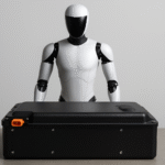 A futuristic humanoid robot stands behind a large black fireproof battery designed for extended performance and safety.
