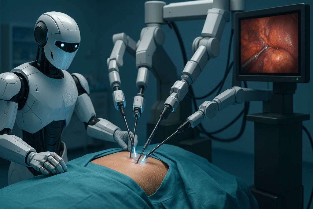 A humanoid robot performing robotic gallbladder surgery using precision surgical arms in a sterile operating room.