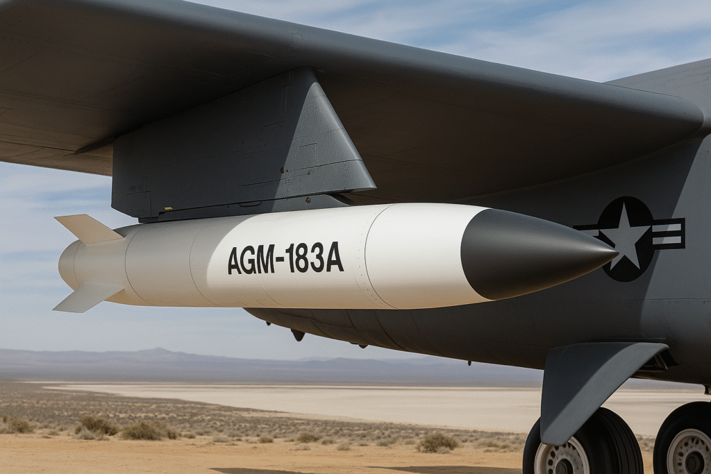 A close-up view of the AGM-183A hypersonic missile mounted on a U.S. Air Force aircraft, symbolizing advanced hypersonic missile development.