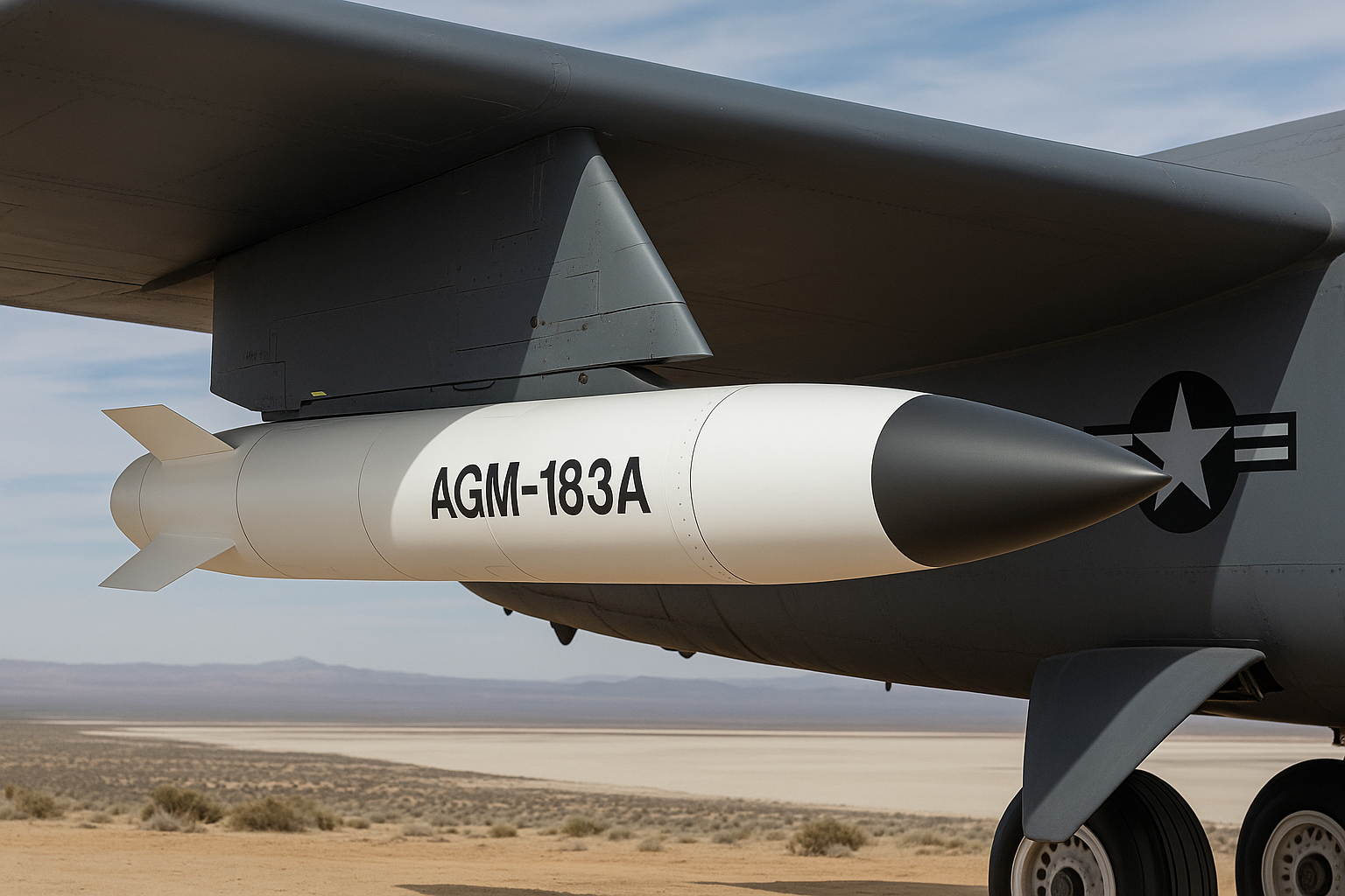 A close-up view of the AGM-183A hypersonic missile mounted on a U.S. Air Force aircraft, symbolizing advanced hypersonic missile development.