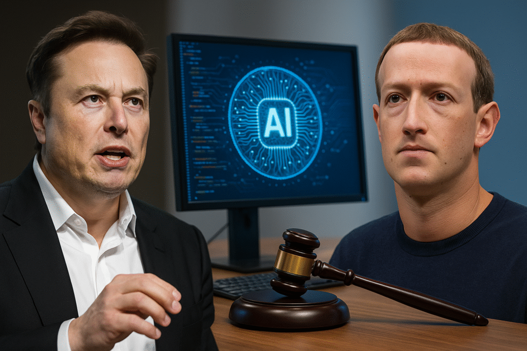 Elon Musk and Mark Zuckerberg with AI graphics and judge's gavel symbolizing Bright Data AI platform's legal victory over Big Tech.