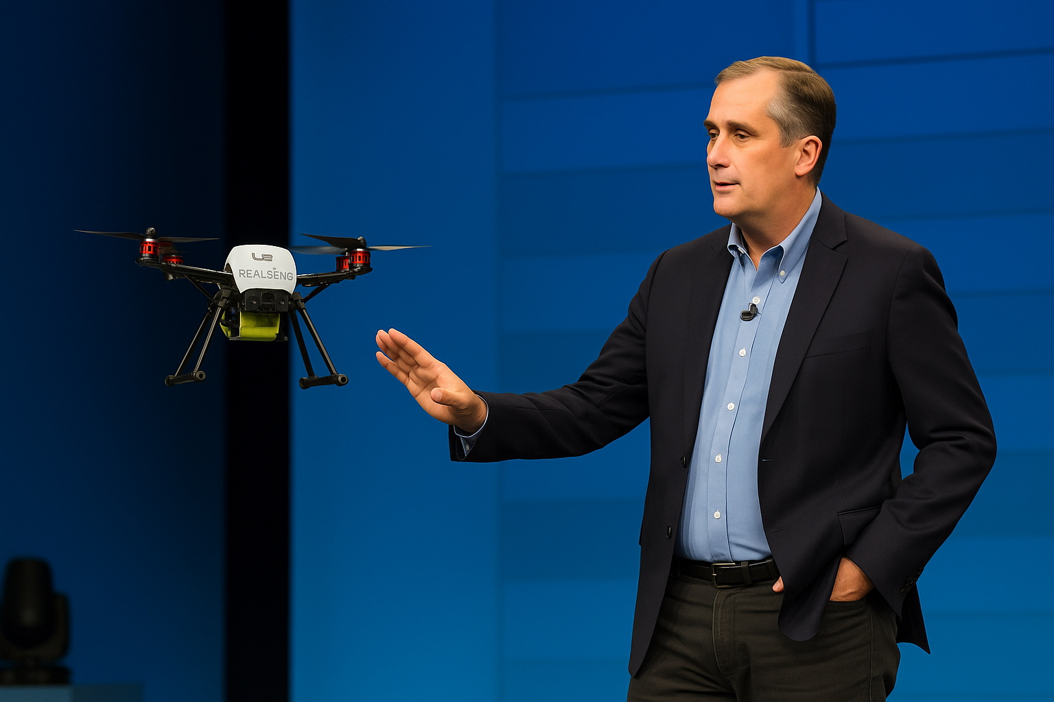 Brian Krzanich demonstrates AscTec Firefly drone with Intel RealSense AI robotics collision avoidance at CES 2015