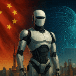 A humanoid robot stands in front of a glowing Chinese flag and futuristic skyline, symbolizing China’s ambition to become an AI superpower.