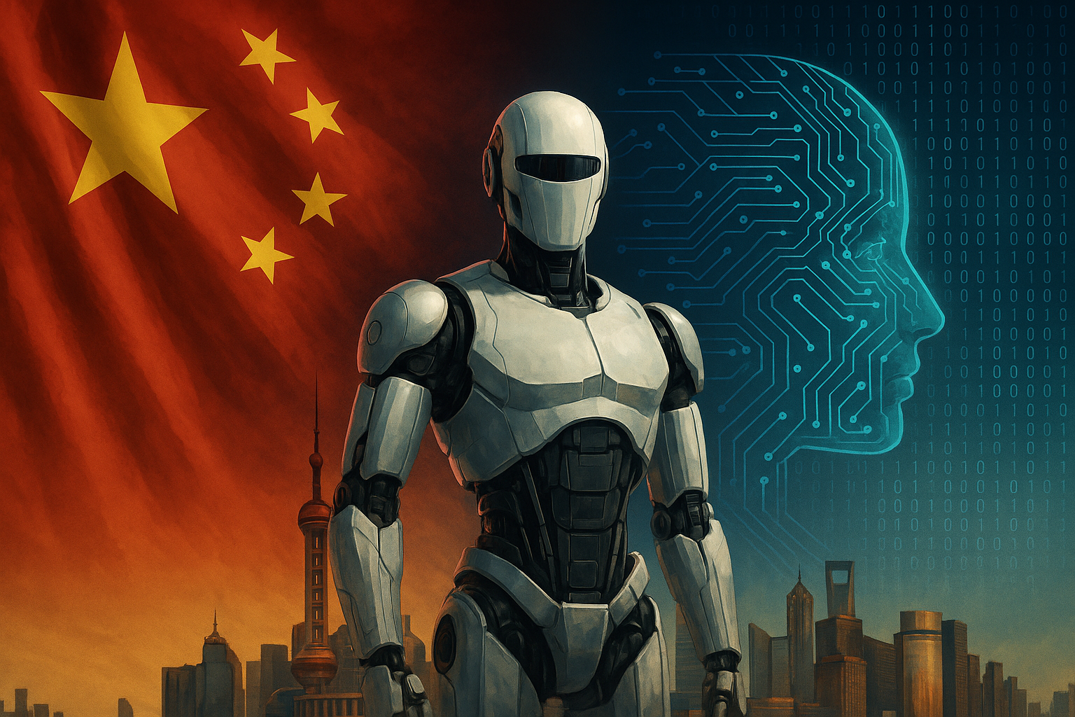 A humanoid robot stands in front of a glowing Chinese flag and futuristic skyline, symbolizing China’s ambition to become an AI superpower.