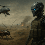A futuristic battlefield showcasing Germany defense AI drone technology with a humanoid robot, spy cockroach, and autonomous military drone.