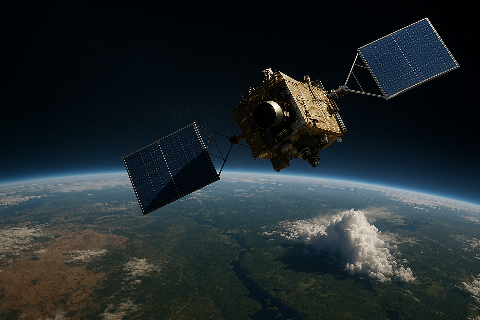 A NASA Earth-observing satellite equipped with solar panels and AI systems orbits above Earth, demonstrating onboard decision-making capabilities.