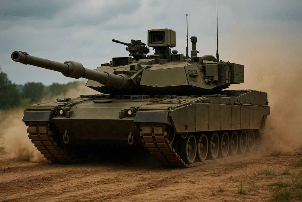 An advanced M1E3 main battle tank maneuvers across a dusty battlefield, equipped with AI-enhanced targeting systems and modern armored upgrades.