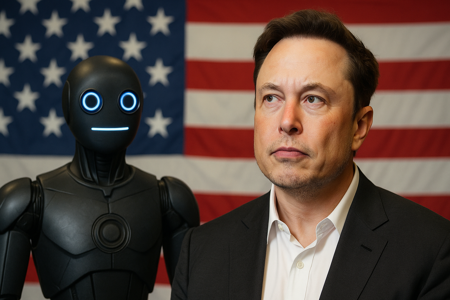 Elon Musk standing beside a humanoid robot with an American flag in the background, representing the Grok AI chatbot controversy.