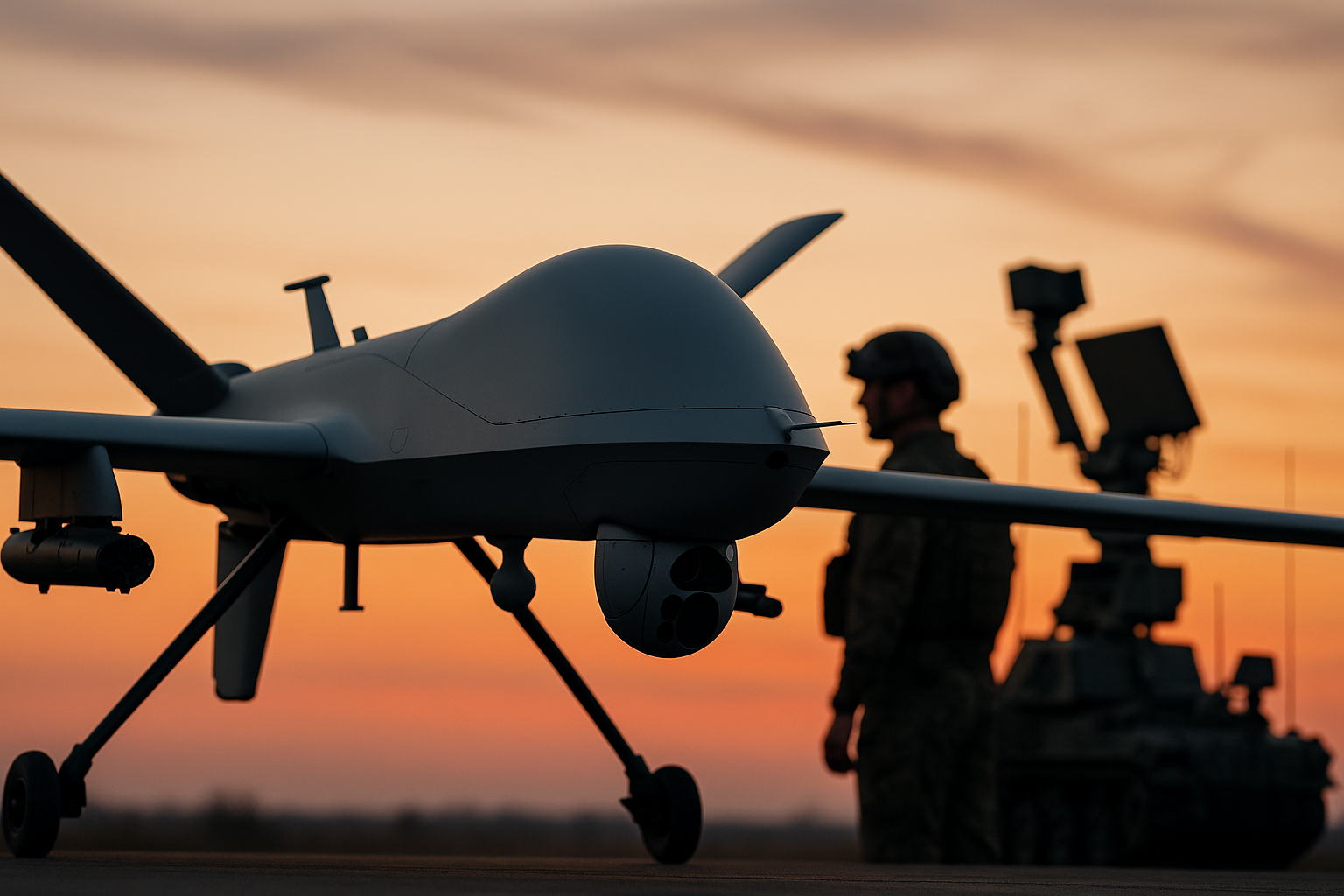 A high-tech military drone on a runway at sunset with a soldier and AI surveillance equipment in the background, representing the rise of a next-gen AI defense company.