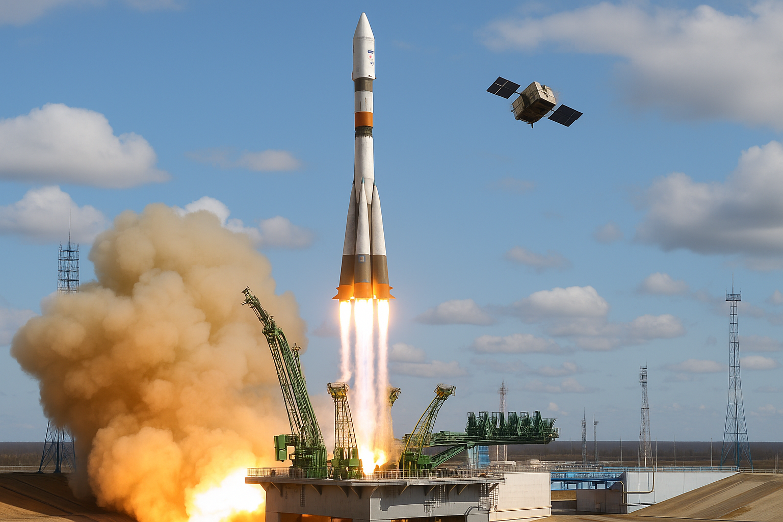 Soyuz rocket launching Iranian communications satellite Nahid-2 from Russia's Vostochny Cosmodrome into orbit