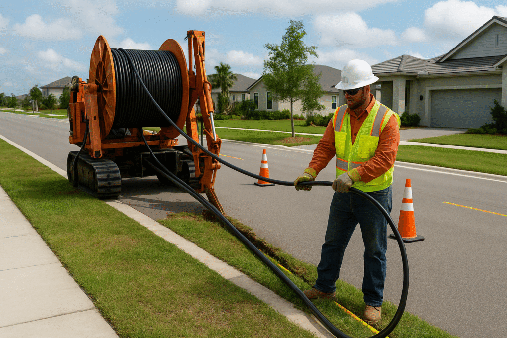 Construction worker installing fiber cable in a Westlake neighborhood as part of the new Fiber internet Westlake project.
