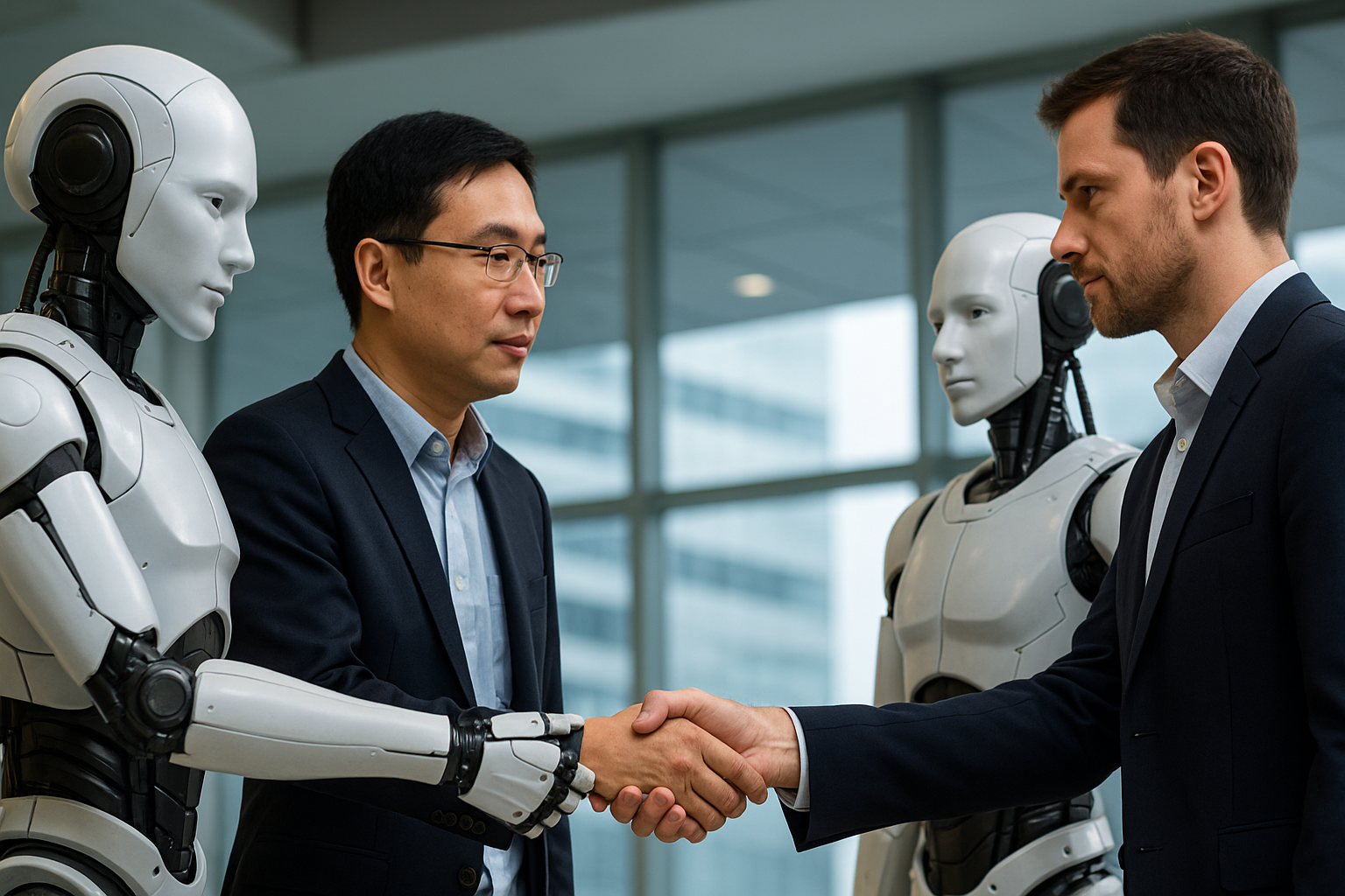 Chinese and American businessmen shaking hands beside humanoid robots, symbolizing human-robot collaboration between China and the US.