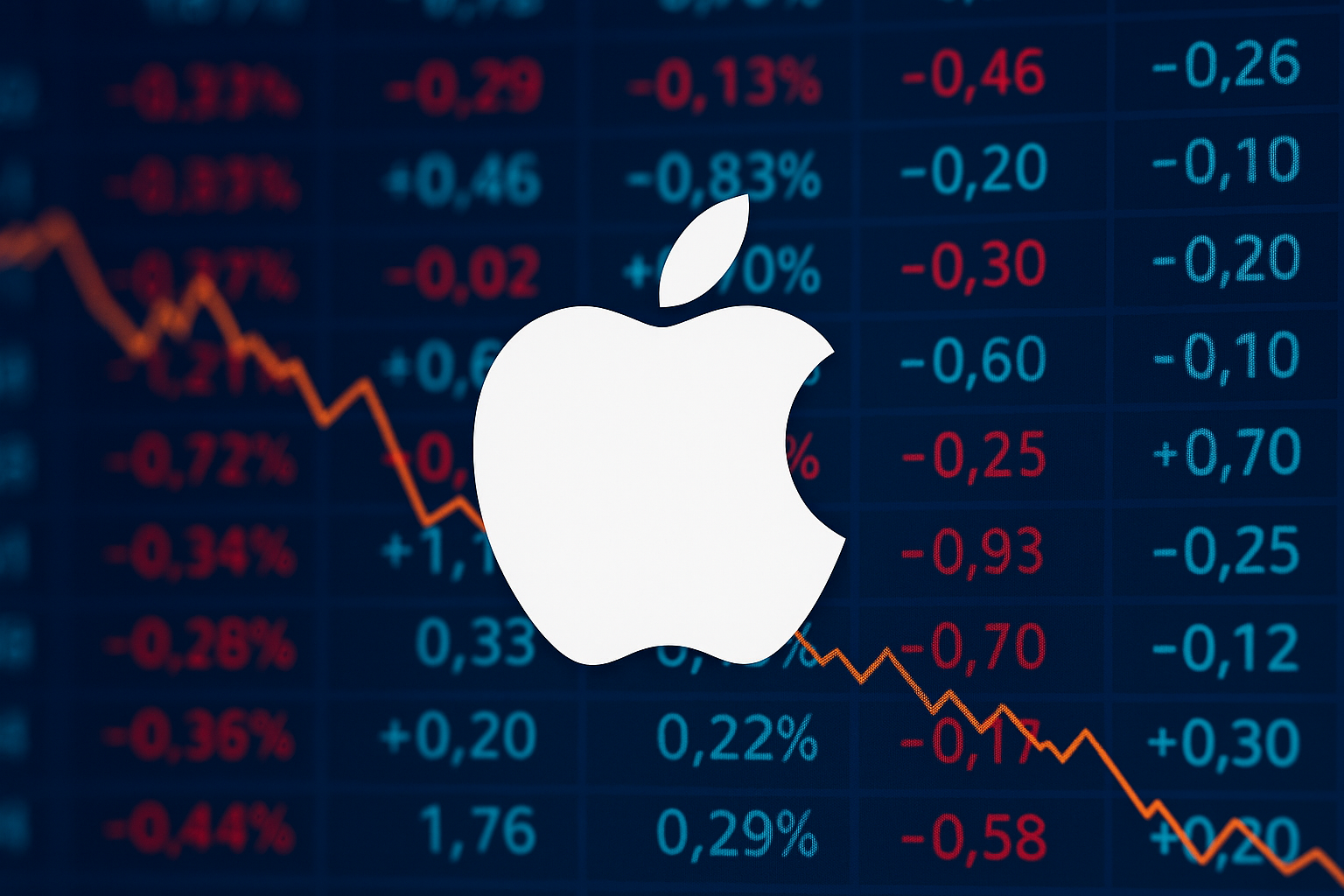 Apple logo over a falling stock chart reflecting tech market decline, symbolizing how AI is turning Apple into a market loser.