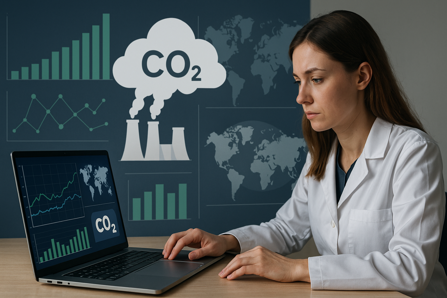 Young female scientist analyzing CO₂ data using AI technology, symbolizing concerns over Meta’s AI climate tool raised false hope of CO₂ removal, scientists say.