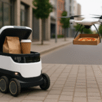 Autonomous robot and delivery drone performing food delivery automation on a city street.