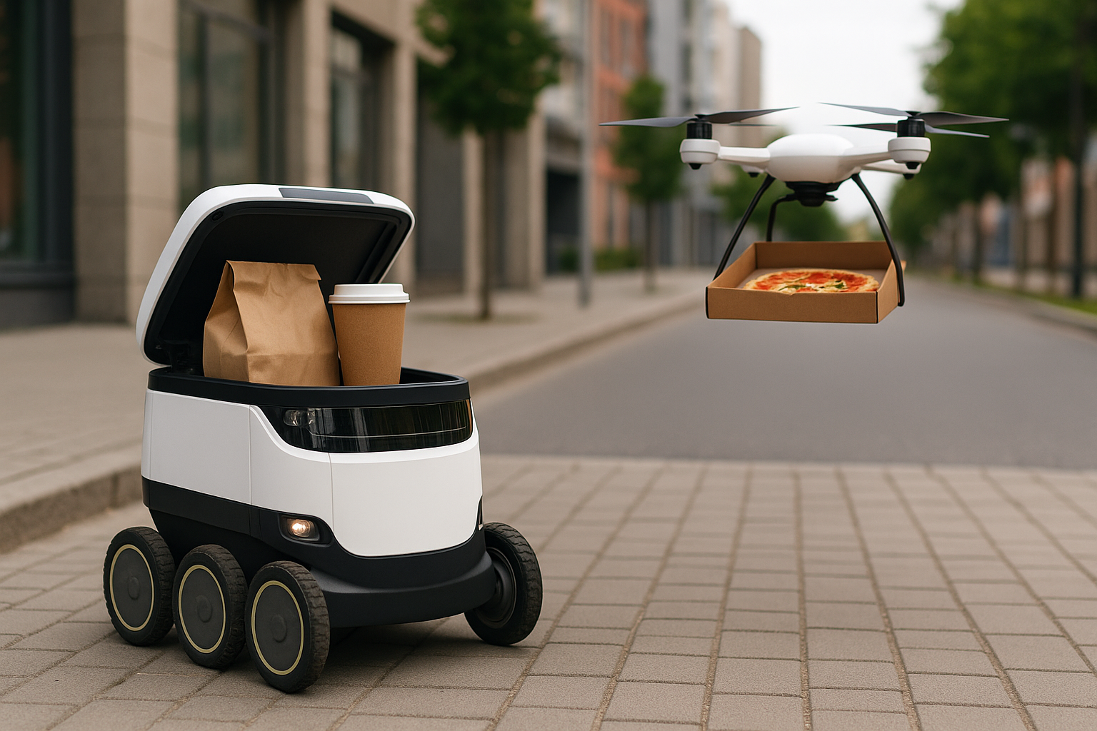 Autonomous robot and delivery drone performing food delivery automation on a city street.