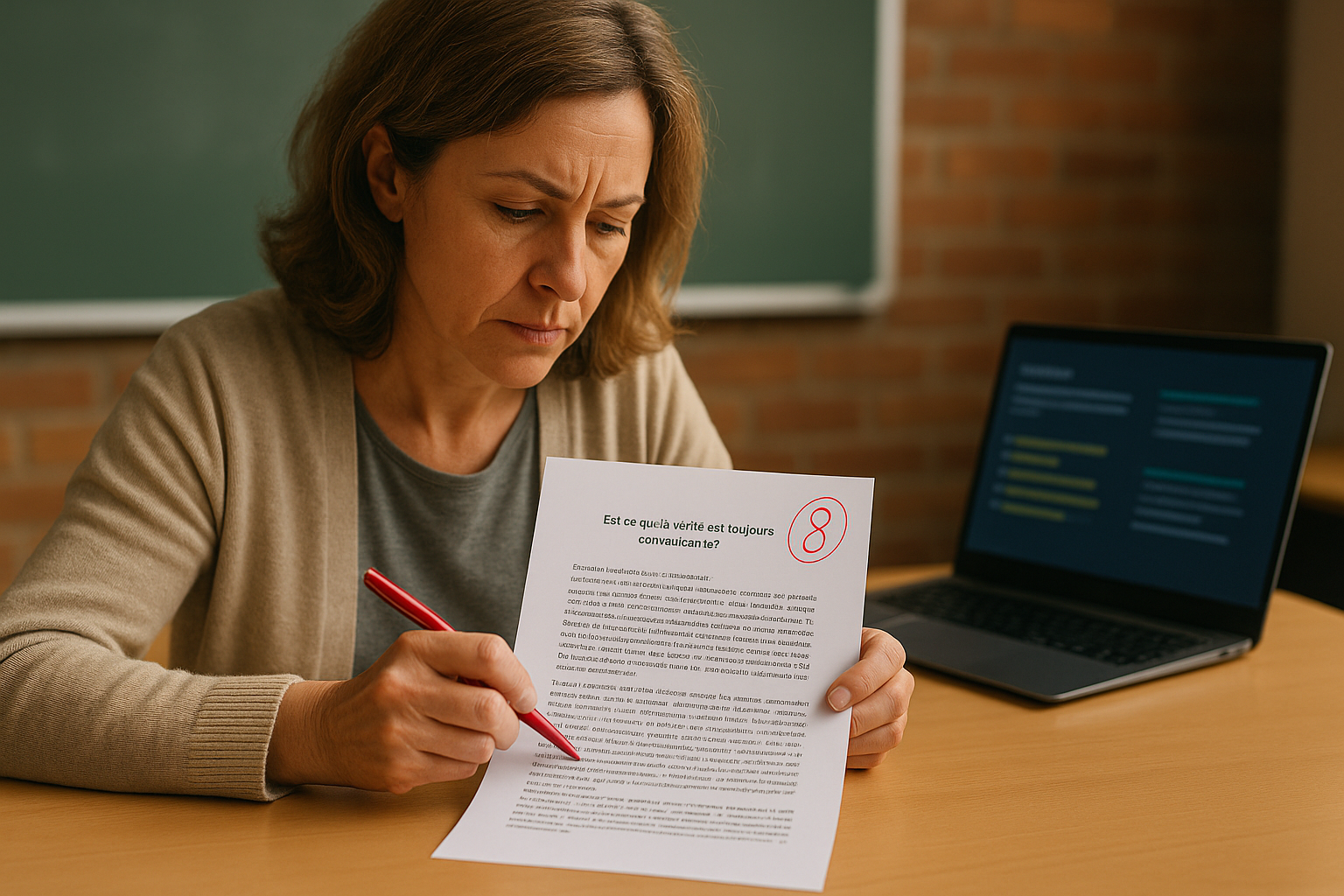 A teacher evaluating a student's philosophy essay with a visible grade of 8 out of 20, highlighting the debate: Are AI tools misjudging student performance?