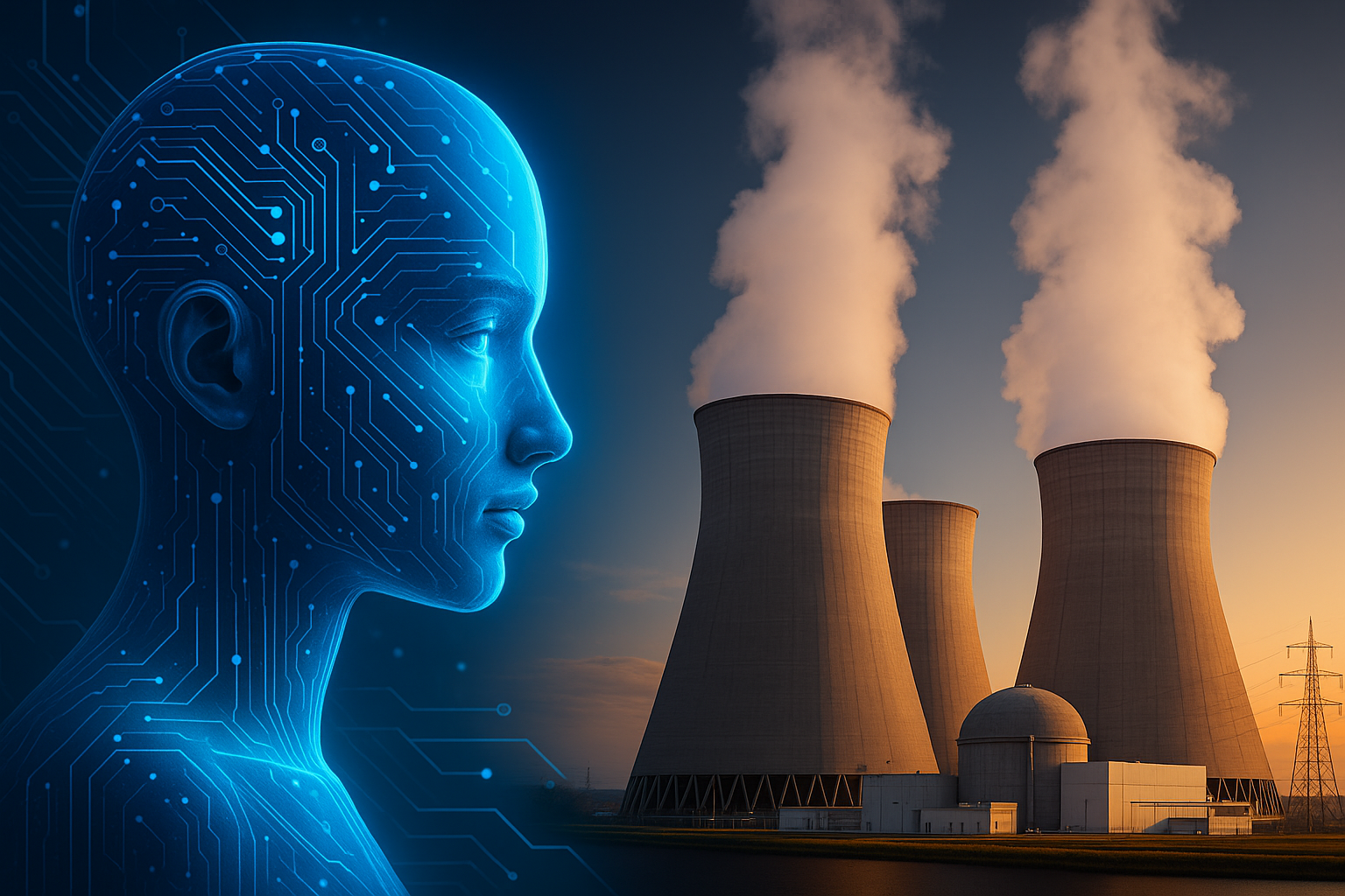 Digital illustration showing the connection between Artificial Intelligence and nuclear energy, with a futuristic human face symbolizing AI on the left and nuclear power plants on the right. Generated By Ai