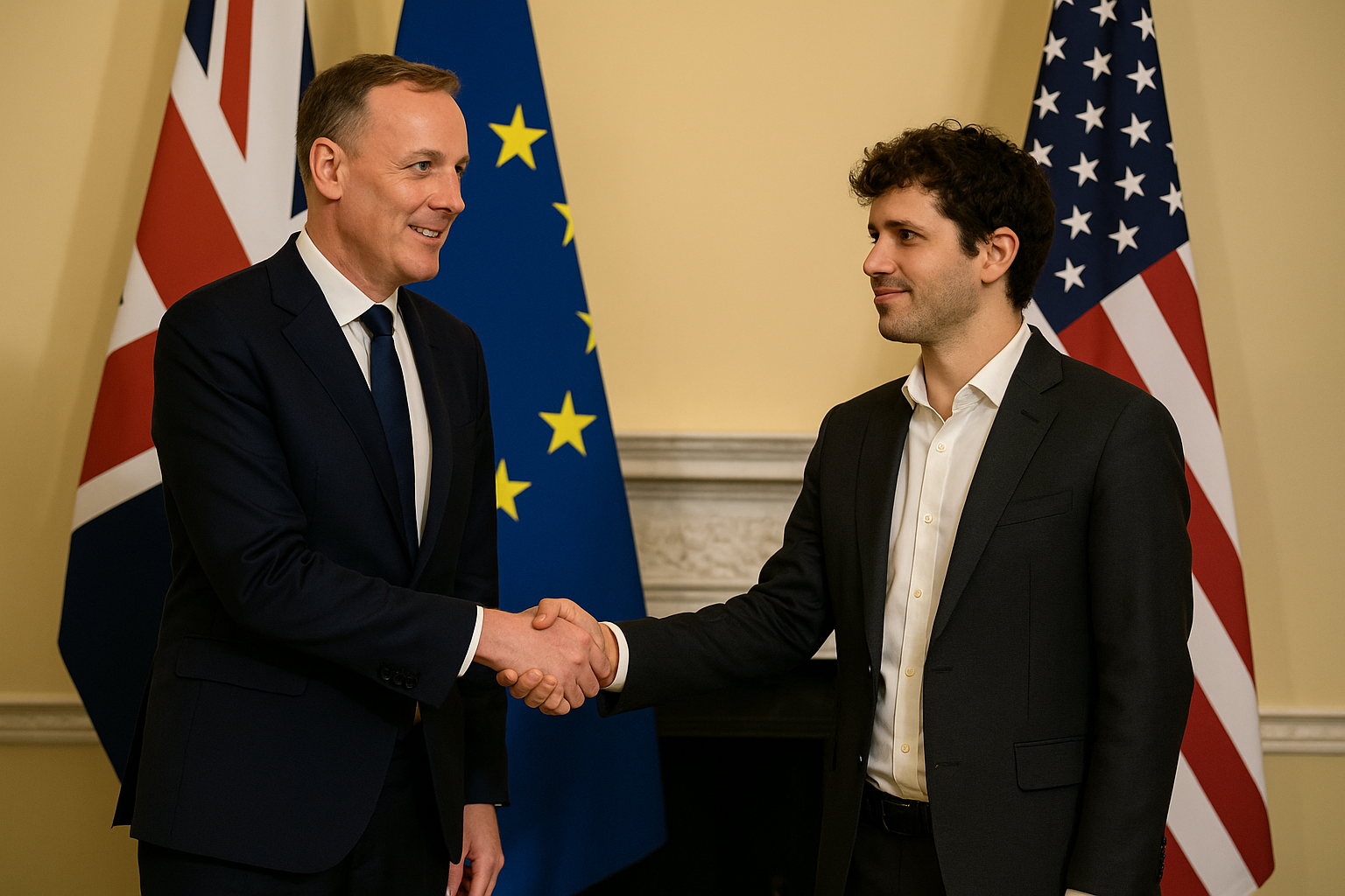 UK government official and OpenAI executive shake hands after signing AI partnership deal, with national flags in background.