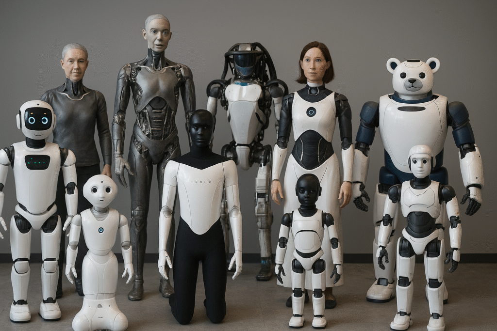 A group of AI humanoid robots with diverse appearances standing together in a futuristic setting