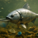 A robot fish swimming underwater, collecting microplastics with a mesh in its mouth in a polluted river.