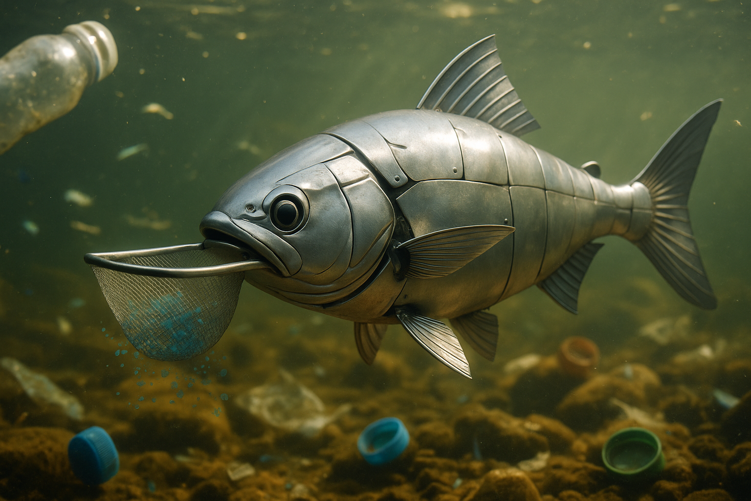 A robot fish swimming underwater, collecting microplastics with a mesh in its mouth in a polluted river.