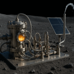 Lunar surface machine powered by solar panel extracting fuel and oxygen from lunar soil.