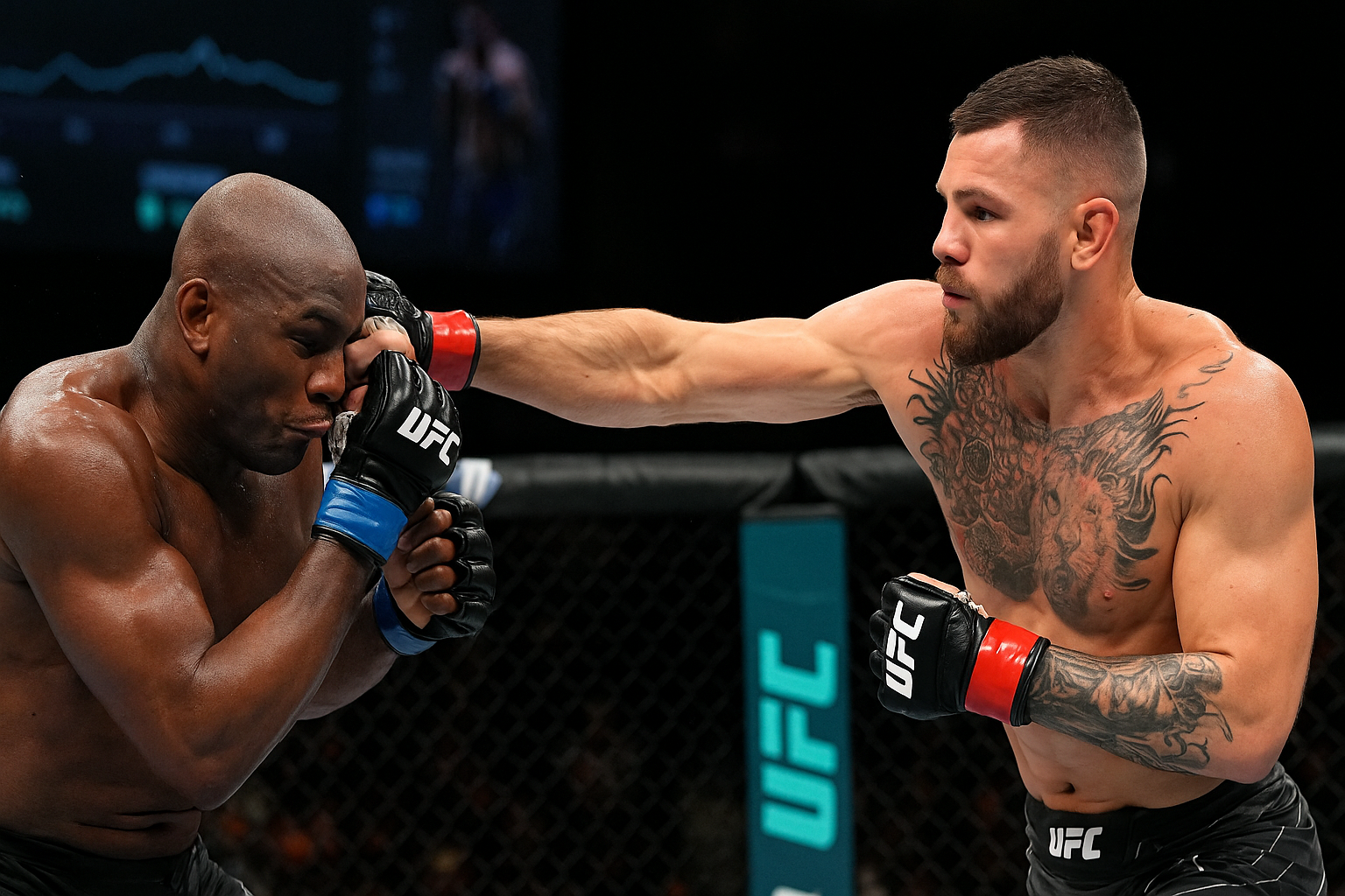 Two UFC fighters mid-fight in the octagon, captured during a high-intensity moment enhanced by UFC AI live streaming technology.