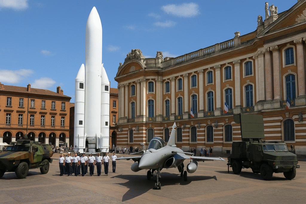 Military display at Place du Capitole as France opens country’s first space airbase, showcasing rocket, aircraft, and defense vehicles.