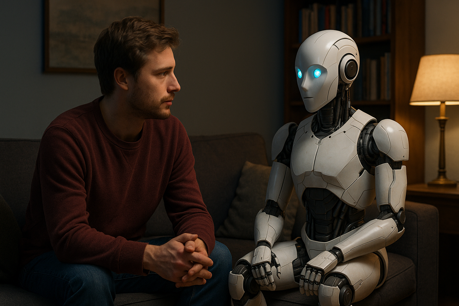 A man sitting in a cozy living room, emotionally engaged in conversation with a humanoid robot companion, symbolizing human-AI emotional bonds