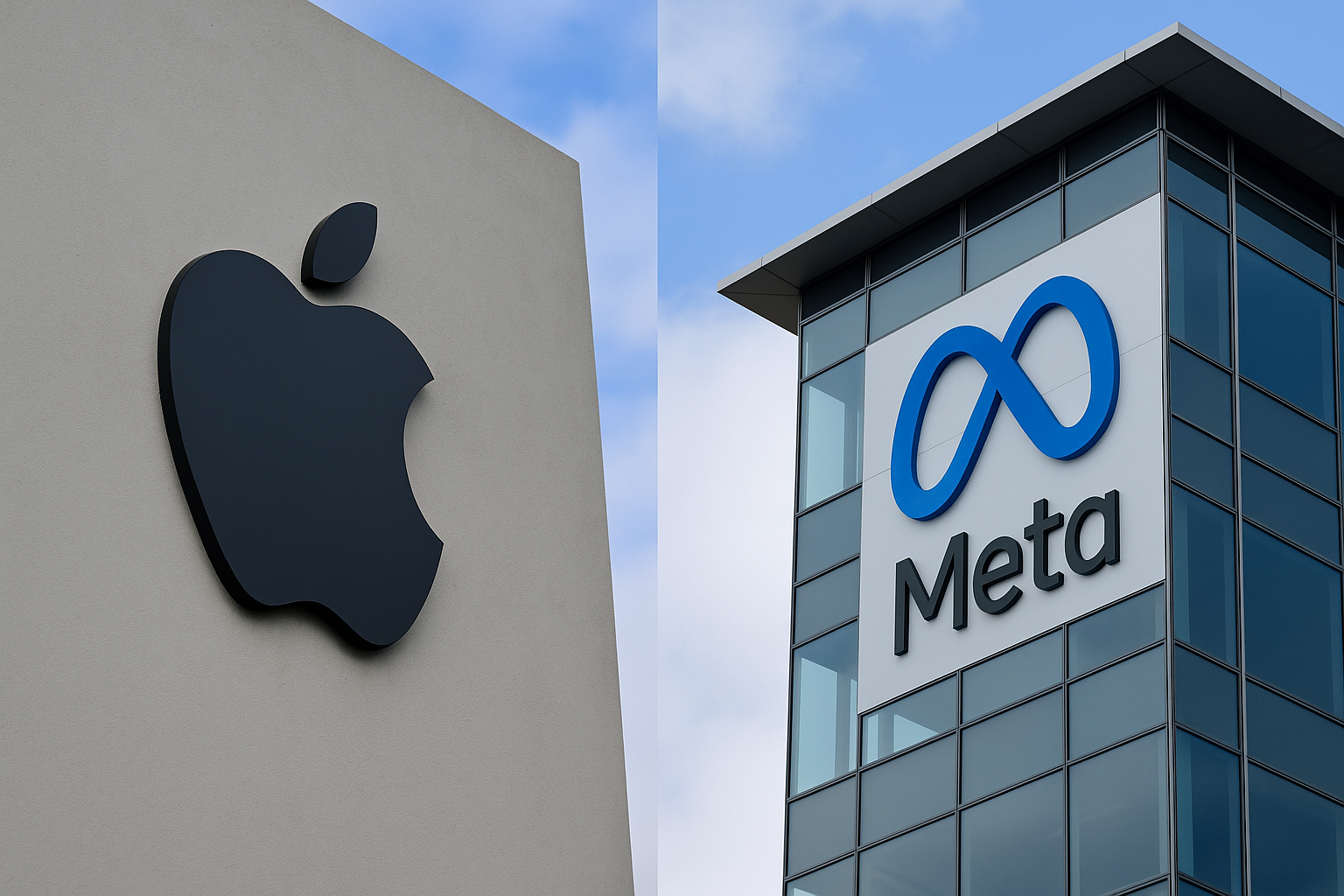 Apple and Meta logos side by side on their corporate buildings, representing the shift as Apple AI executive joins Meta.
